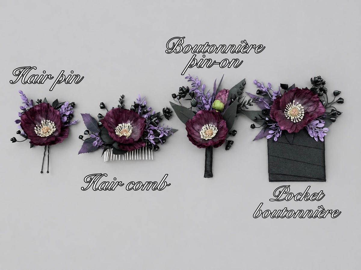 Plum Black Hair Pins, Wedding Gothic Hair Accessories, Plum Poppy Floral Hair Pins, Bridal Hair Flowers Dakr Purple Black