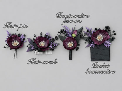 Plum Black Hair Pins, Wedding Gothic Hair Accessories, Plum Poppy Floral Hair Pins, Bridal Hair Flowers Dakr Purple Black