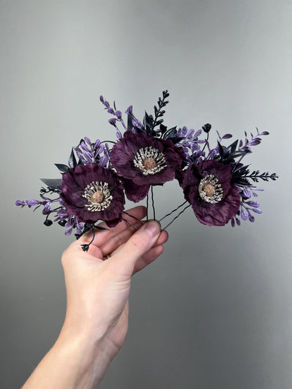 Plum Black Hair Pins, Wedding Gothic Hair Accessories, Plum Poppy Floral Hair Pins, Bridal Hair Flowers Dakr Purple Black