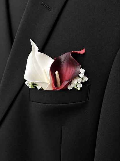 Calla Lily Pocket Boutonnière, Wedding White Burgundy Calla Lilies, Groom Square Boutonniere, Groomsmen Real Touch Calla Lily Flowers