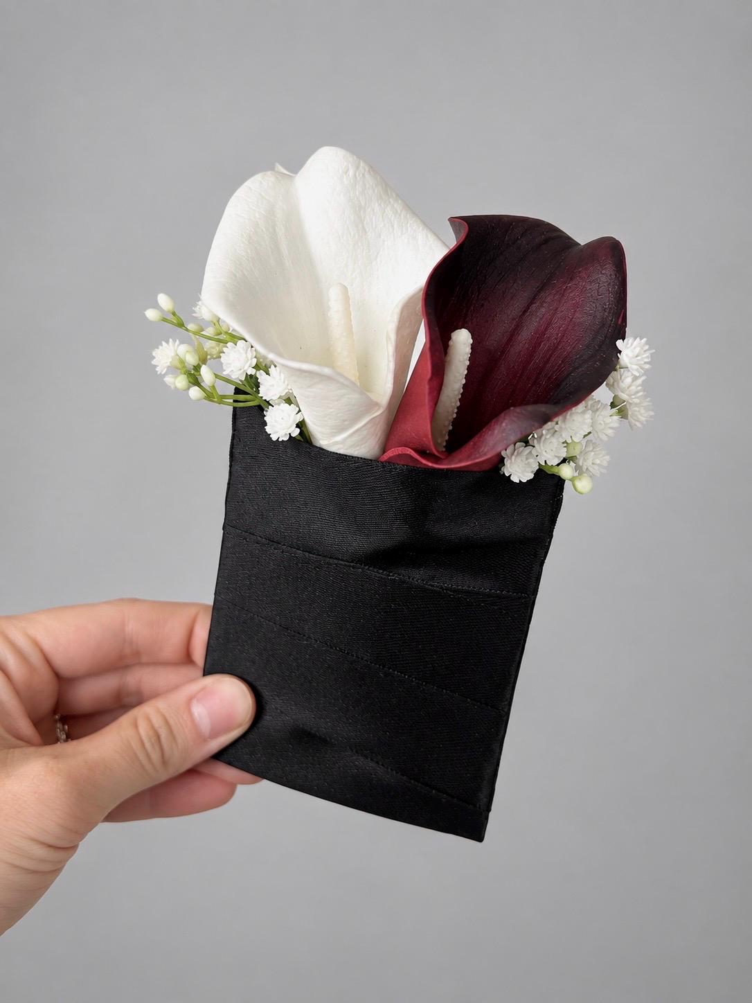Calla Lily Pocket Boutonnière, Wedding White Burgundy Calla Lilies, Groom Square Boutonniere, Groomsmen Real Touch Calla Lily Flowers