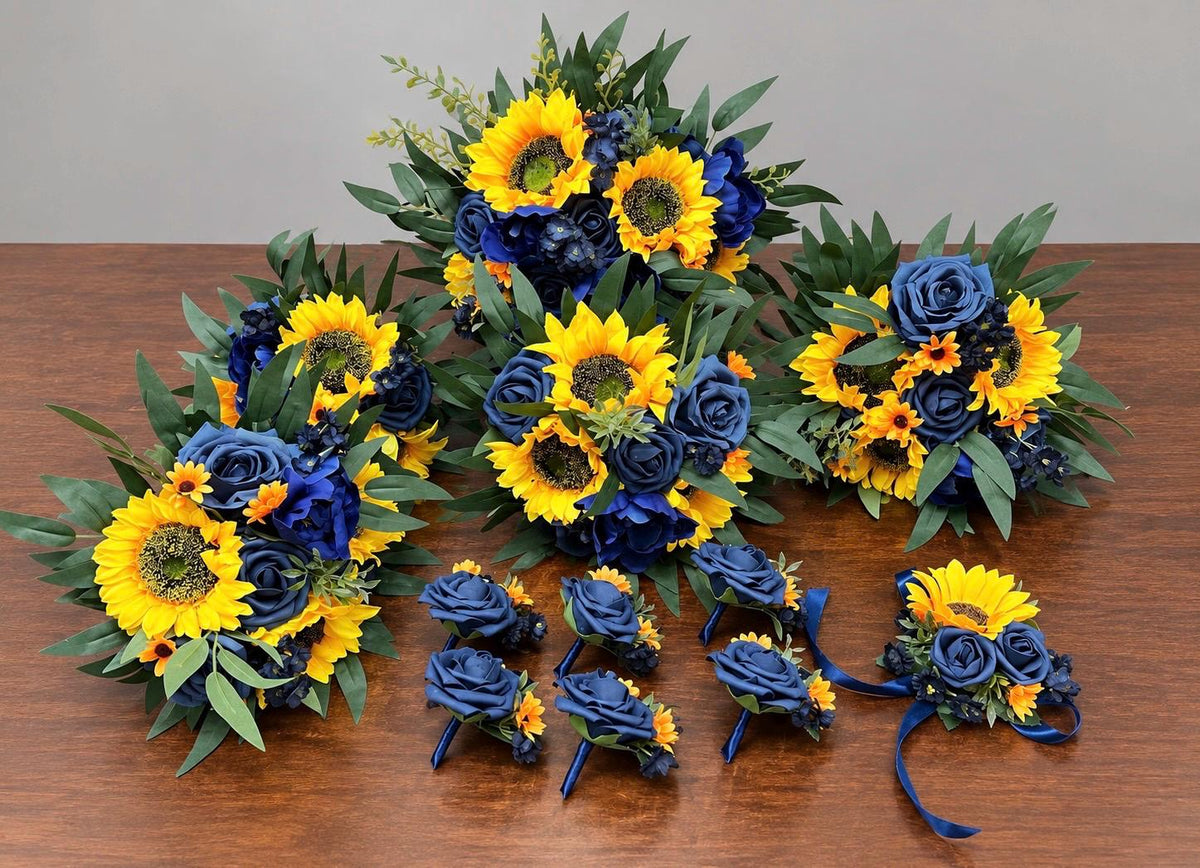 Navy Blue Sunflower Bouquet, Bridal Wedding Bouquet, Bridesmaid Dark Blue Yellow Flowers, Sunflower Fall Wedding Artificial Flowers