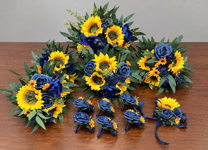 Navy Blue Sunflower Bouquet, Bridal Wedding Bouquet, Bridesmaid Dark Blue Yellow Flowers, Sunflower Fall Wedding Artificial Flowers