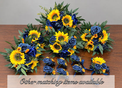 Navy Blue Sunflower Boutonnière, Wedding Groom Lapel Flower, Dark Blue Groomsmen Boutonnière, Yellow Sunflowers Navy Blue Artificial Flower