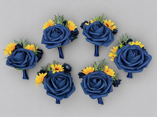 Navy Blue Sunflower Boutonnière, Wedding Groom Lapel Flower, Dark Blue Groomsmen Boutonnière, Yellow Sunflowers Navy Blue Artificial Flower