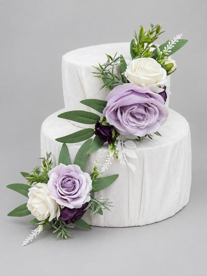Lavender Purple White Cake Décor, Wedding Dark Purple Cake Flowers, Ivory Lilac Artificial Flowers Cake Topper, Cake Arrangements Floral