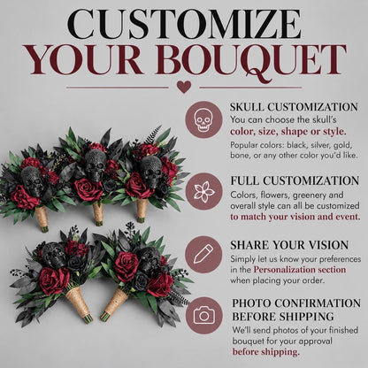 Gothic Skull Wedding Bouquet, Burgundy Black Green Bridal Bouquet, Dark Gothic Black Skull Flowers, Halloween Bride Bouquet Dark Red Black