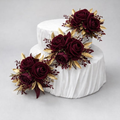 Burgundy Gold Cake Flowers, Wedding Dark Red Roses Cake Topper, Maroon Cake Arrangements Artificial Flowers Reddit