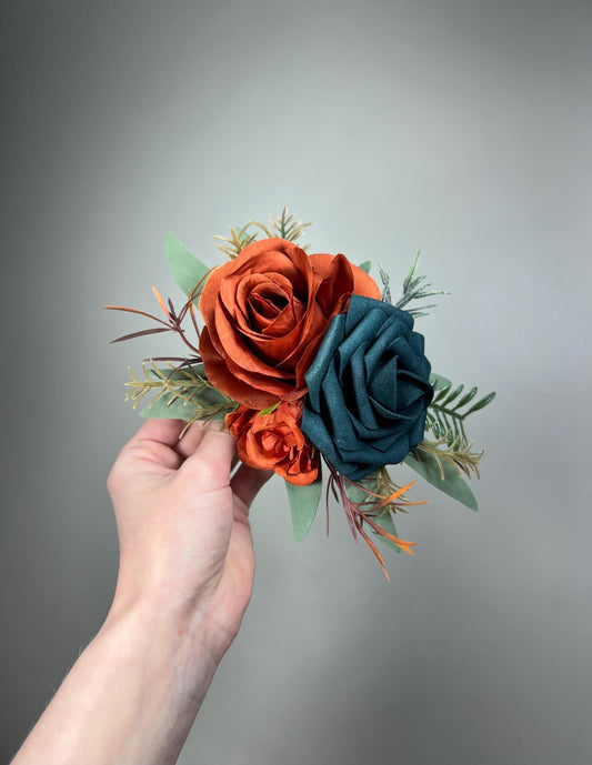 Teal Orange Cake Flowers, Terracotta Dark Teal Wedding Cake Decor, Teal Blue Burnt Orange Roses Cake Topper, Rustic Cake Flowers Artificial