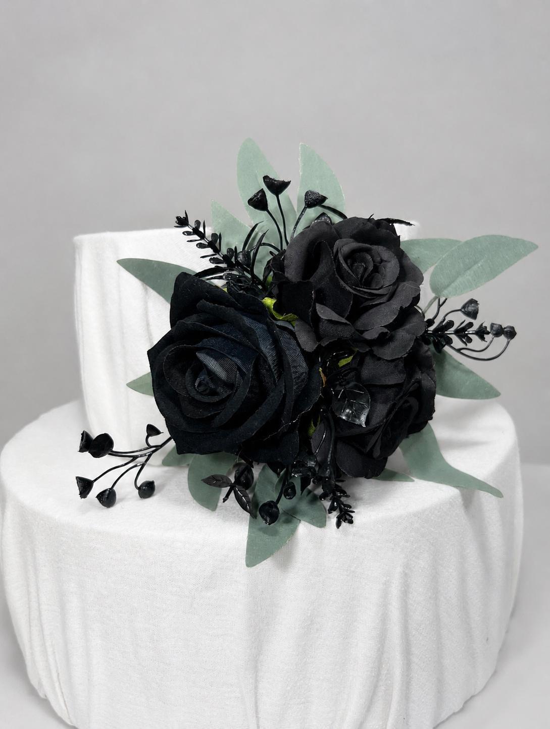 Black Cake Flower Decor, Wedding Black Roses Sage Greenery Cake Topper, Cake Arrangements Artificial Flowers Black, Cake Faux Roses Decor