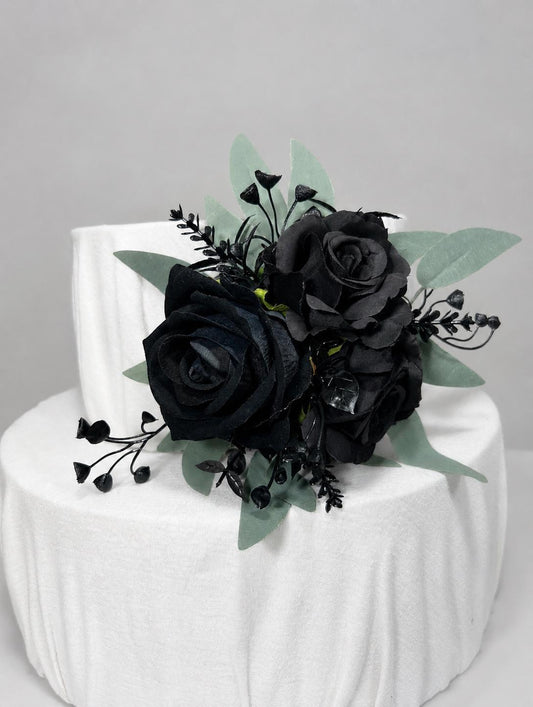 Black Cake Flower Decor, Wedding Black Roses Sage Greenery Cake Topper, Cake Arrangements Artificial Flowers Black, Cake Faux Roses Decor