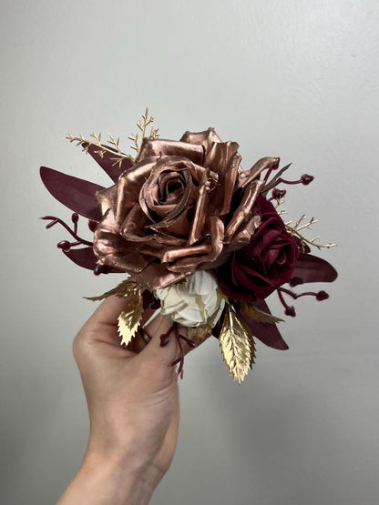 Rose Gold Cake Decor Burgundy Flower Artificial Wedding Rose Gold Cake Topper Flowers Maroon Ivory Decor Cake Flower Arrangement Wine Red