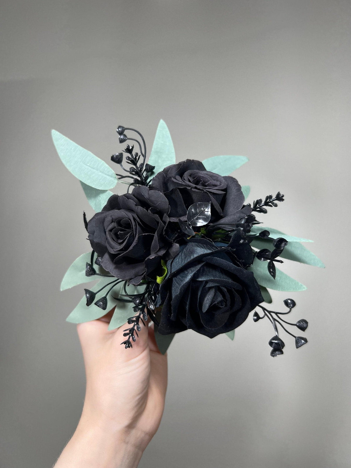 Black Cake Flower Decor, Wedding Black Roses Sage Greenery Cake Topper, Cake Arrangements Artificial Flowers Black, Cake Faux Roses Decor