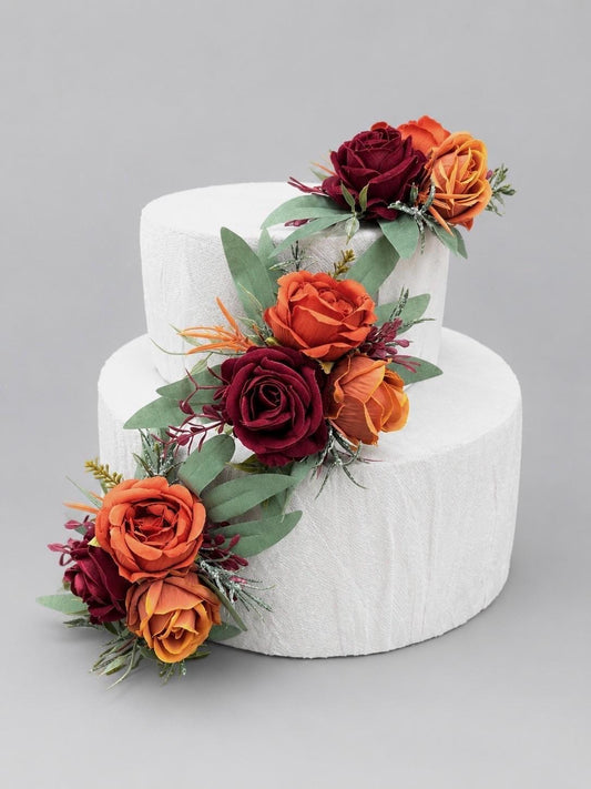 Orange Burgundy Cake Decor Flower Artificial Wedding Terracotta Rust Cake Flower Arrangement Maroon Burnt Orange Sage Green Silk Flower Cake