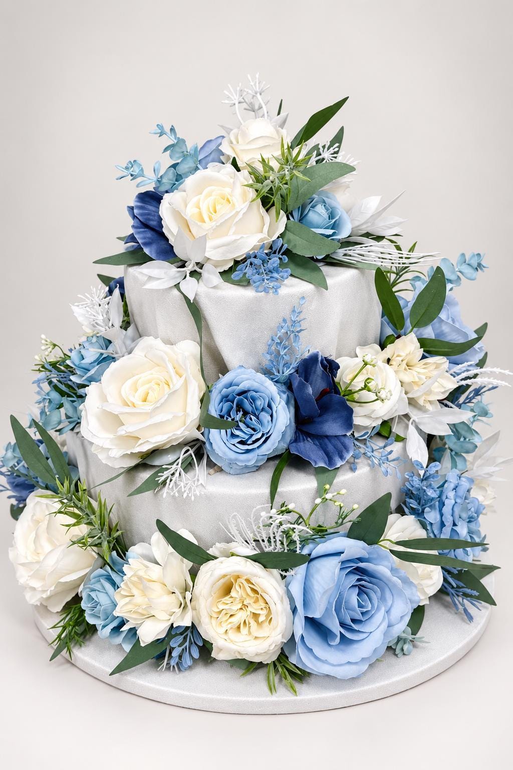 Blue Cake Decor Wedding White Cake Flowers Artificial Dusty Blue Ivory Cake Topper Sky Blue Flowers Eucalyptus White Cake Decor Silk Flowers