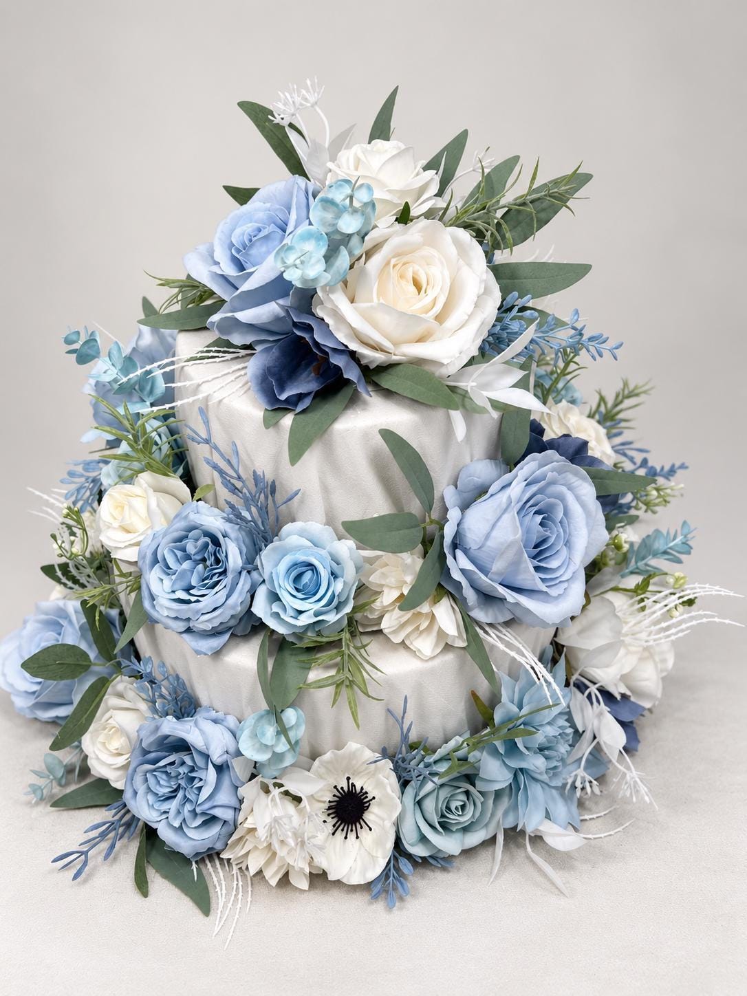 Blue Cake Decor Wedding White Cake Flowers Artificial Dusty Blue Ivory Cake Topper Sky Blue Flowers Eucalyptus White Cake Decor Silk Flowers