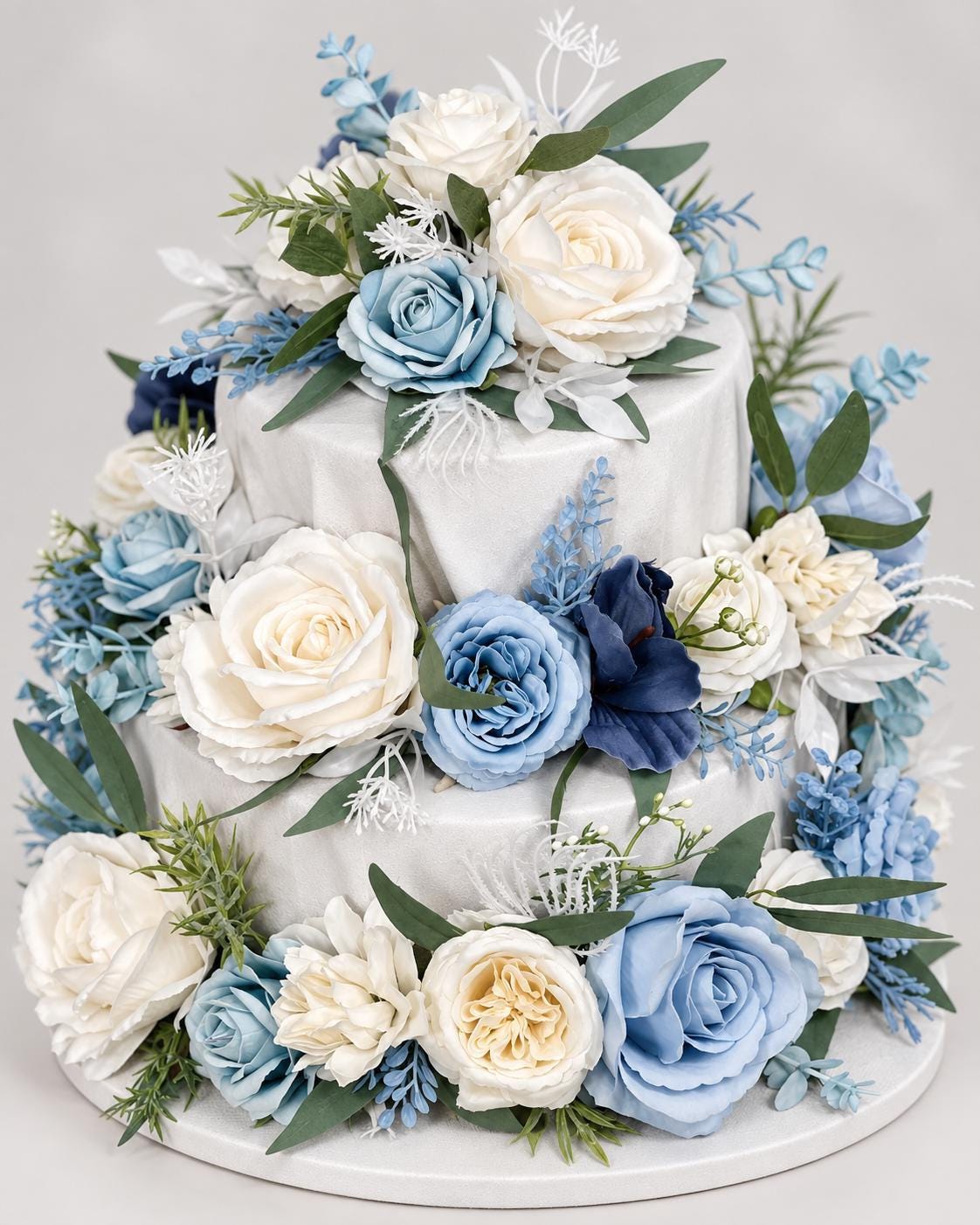 Blue Cake Decor Wedding White Cake Flowers Artificial Dusty Blue Ivory Cake Topper Sky Blue Flowers Eucalyptus White Cake Decor Silk Flowers