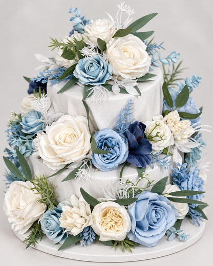 Blue Cake Decor Wedding White Cake Flowers Artificial Dusty Blue Ivory Cake Topper Sky Blue Flowers Eucalyptus White Cake Decor Silk Flowers