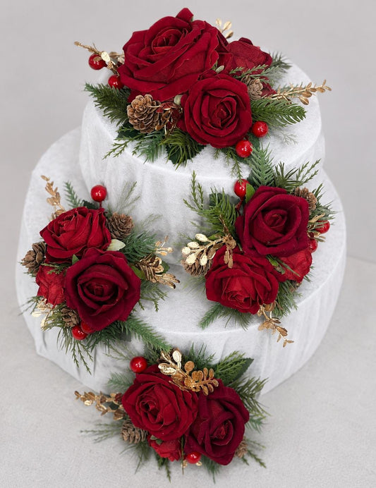 Red Rose Christmas Cake Decor, Winter Wedding Cake Flowers, Pine Cone Gold Holiday Cake Topper, Red Artificial Flowers for Cake Decor