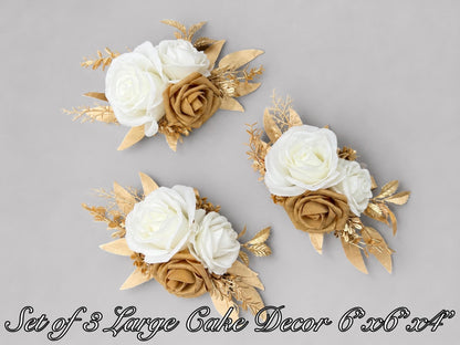 White Gold Cake Decor, Wedding White Rose Cake Topper, Rustic Cake Flowers Artificial, Cake Arrangements Floral Reddit