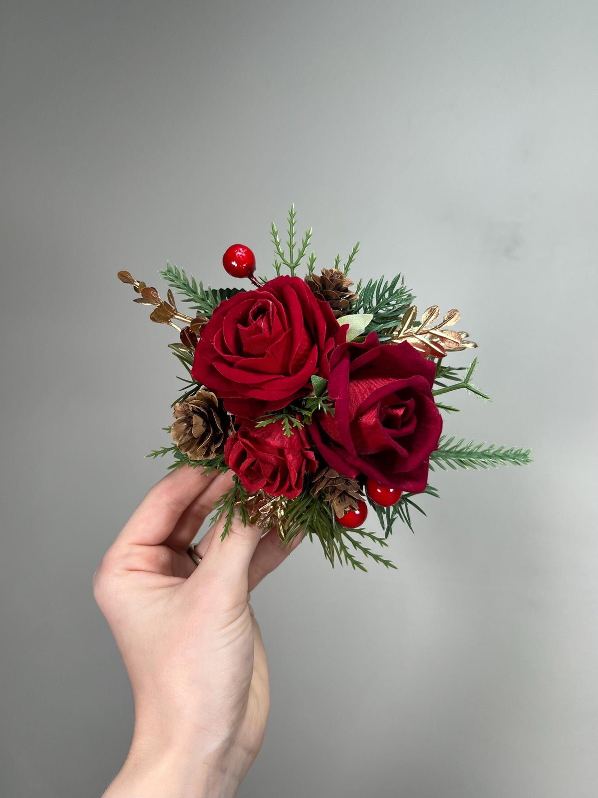 Red Rose Christmas Cake Decor, Winter Wedding Cake Flowers, Pine Cone Gold Holiday Cake Topper, Red Artificial Flowers for Cake Decor