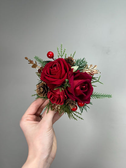 Red Rose Christmas Cake Decor, Winter Wedding Cake Flowers, Pine Cone Gold Holiday Cake Topper, Red Artificial Flowers for Cake Decor