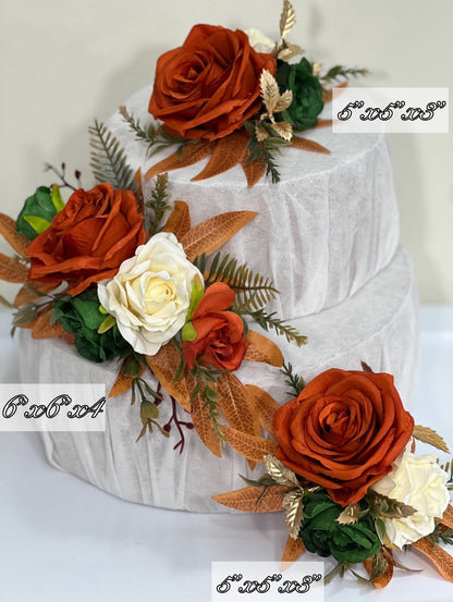 Rust Cake Decor Flower Wedding Terracotta Green Ivory Cake Arrangements Artificial Flower Emerald Green Burnt Orange Champagne Flower Cake