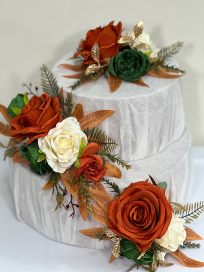 Rust Cake Decor Flower Wedding Terracotta Green Ivory Cake Arrangements Artificial Flower Emerald Green Burnt Orange Champagne Flower Cake