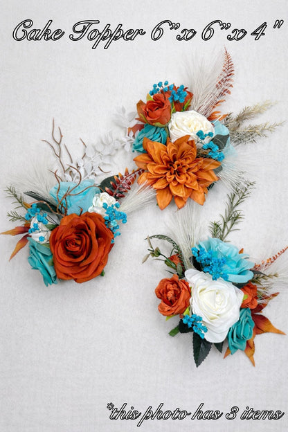 Turquoise and Burnt Orange Wedding Cake Decor Floral Arrangement Rustic Topper Reddit