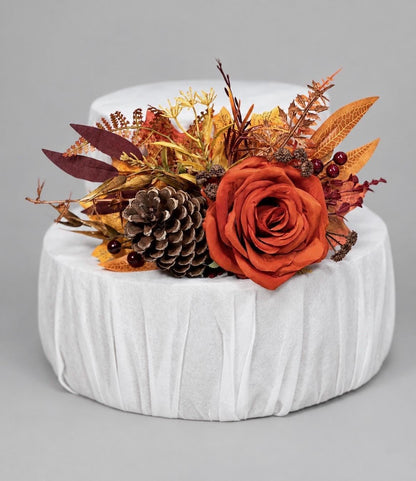 Fall Cake Decoration Wedding Burnt Orange Cake Flower Arrangement Pine Cone Rustic Cake Decor Artificial Flowers Terracotta Floral Cake