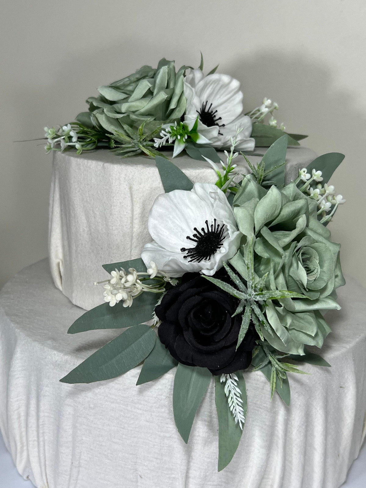 Dusty Sage Green Cake Decoration Black Wedding Topper Decor Flower Cake Arrangement Black Cake Decor White Anemone Artificial Flower Green