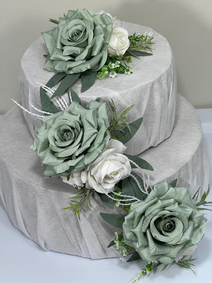 Sage Green Cake Decor Flower Wedding White Dusty Sage Green Cake Arrangement Flower Artificial Ivory Sage Green Baby Breath Eucalyptus