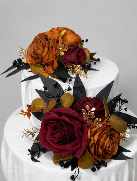 Burgundy Burnt Orange Black Cake Decor, Fall Wedding Cake Flowers, Wine Red Brown Gold Floral Cake Topper Artificial Flowers