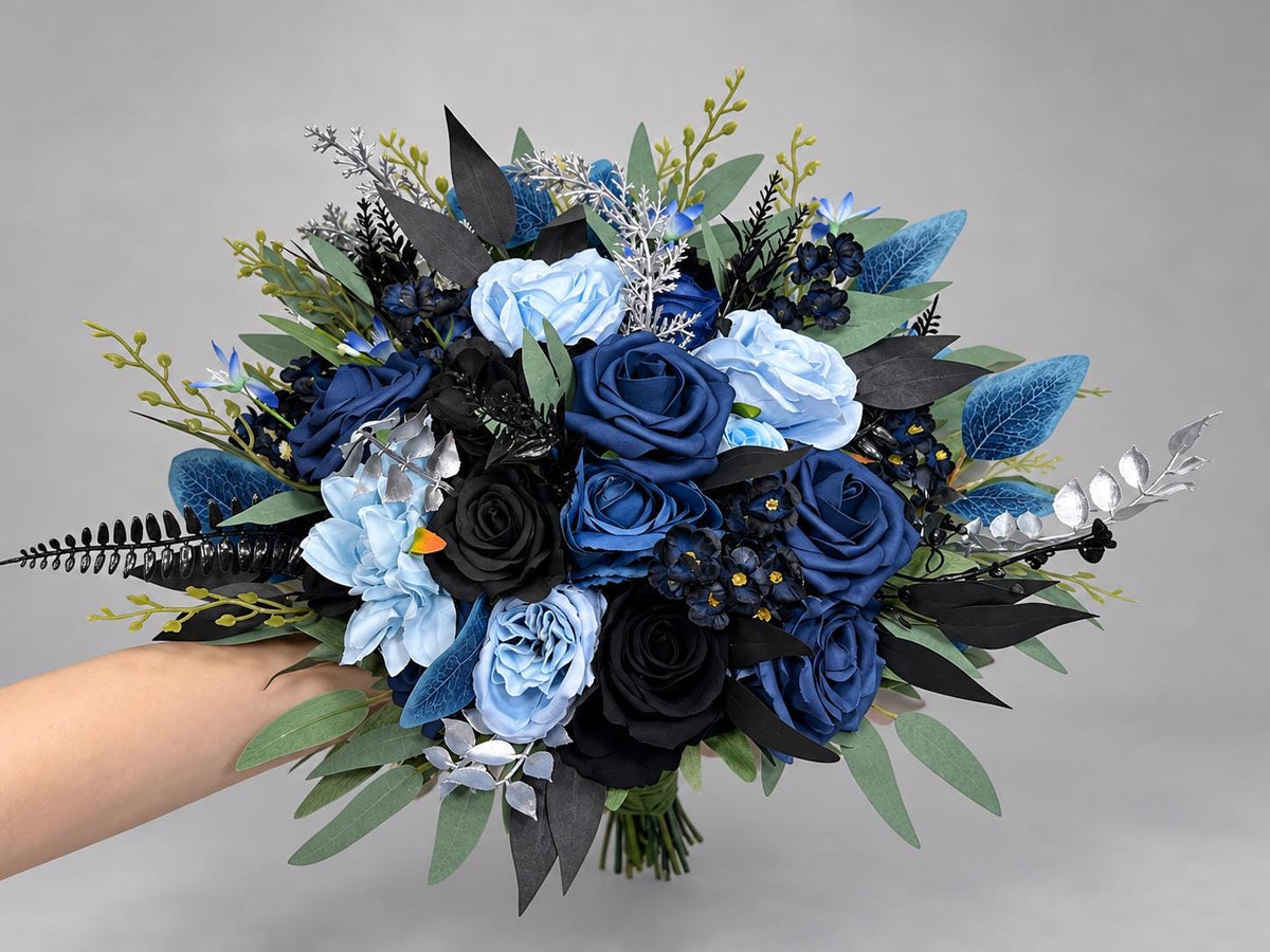 Black Blue Wedding Bouquet, Bridal Gothic Light Blue Black Bouquet, Bridesmaids Navy Blue Black Silver Flowers, Ravenclaw Bouquet