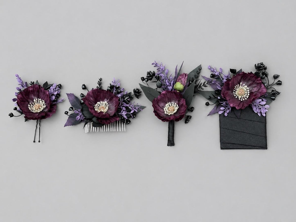 Plum Black Hair Pins, Wedding Gothic Hair Accessories, Plum Poppy Floral Hair Pins, Bridal Hair Flowers Dakr Purple Black