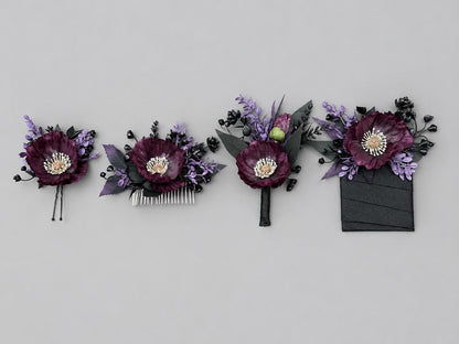 Plum Black Hair Pins, Wedding Gothic Hair Accessories, Plum Poppy Floral Hair Pins, Bridal Hair Flowers Dakr Purple Black