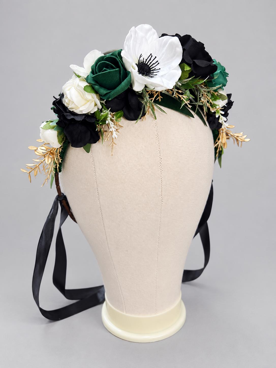 Emerald Green Black White Flower Crown, Wedding Dark Green Gold Hair Accessories, Bridal Hair Wreath Floral, Emerald Green Ivory Hair Crown