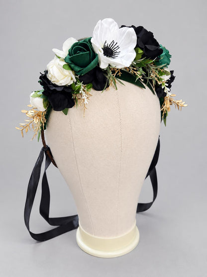 Emerald Green Black White Flower Crown, Wedding Dark Green Gold Hair Accessories, Bridal Hair Wreath Floral, Emerald Green Ivory Hair Crown