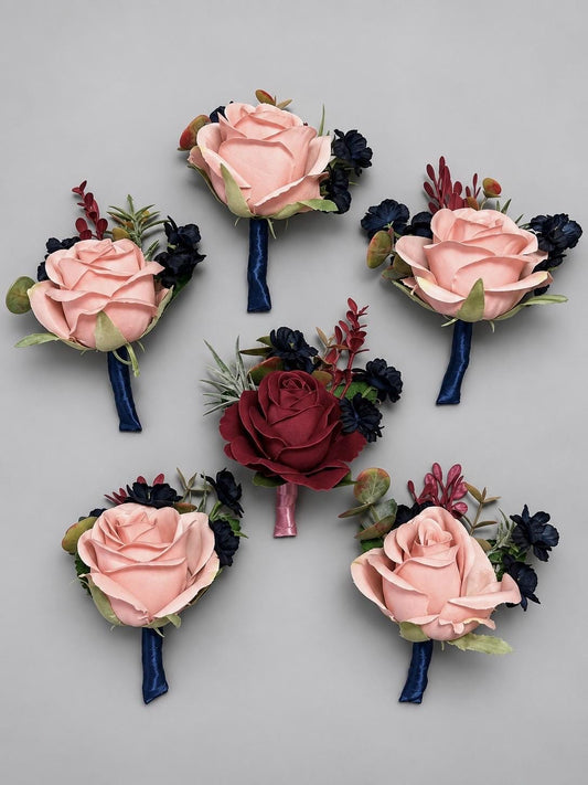 Burgundy Blush Pink Boutonnière, Wedding Groom Boutonnière Pin on, Groomsmen Dusty Rose Navy Blue Lapel Flower, Artificial Flowers