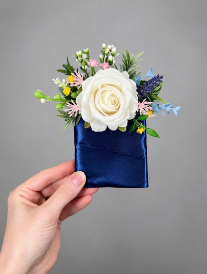 Wildflower Pocket Boutonniere, Colorful Pocket Square Boutonniere, Groom Single Rose Boutonniere, Groomsmen Spring Boutonnière
