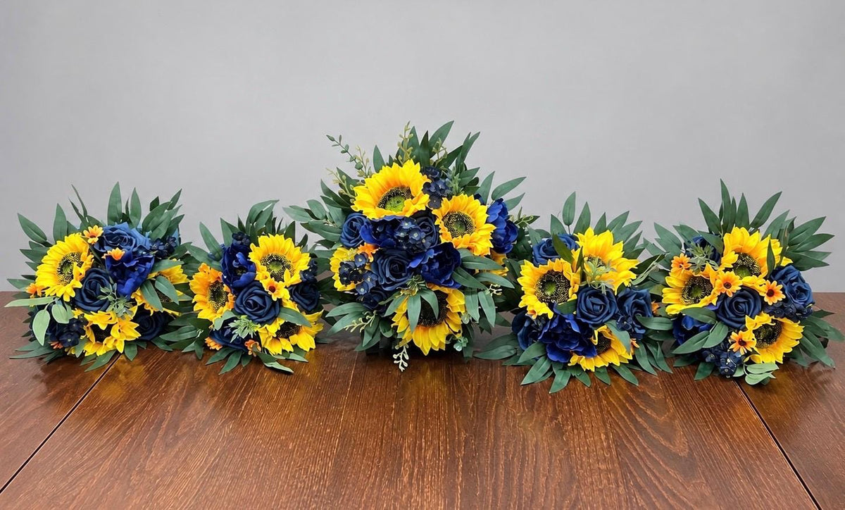 Sunflower Wedding Bouquet, Navy Blue Bridal Bouquet, Blue and Yellow Wedding Flowers, Rustic Bridal Flowers, Bridesmaid Bouquet