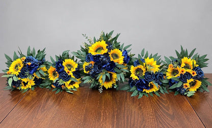 Navy Blue Sunflower Bouquet, Bridal Wedding Bouquet, Bridesmaid Dark Blue Yellow Flowers, Sunflower Fall Wedding Artificial Flowers