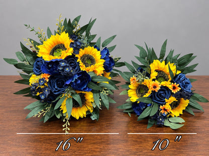 Navy Blue Sunflower Bouquet, Bridal Wedding Bouquet, Bridesmaid Dark Blue Yellow Flowers, Sunflower Fall Wedding Artificial Flowers