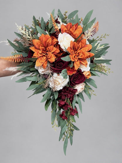 Bridal Cascading Bouquet with Burgundy and Rust Orange Flowers, Burgundy Terracotta Cascade Bouquet, Fall Bridesmaids Flowers