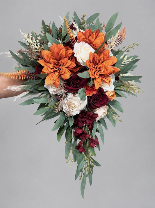 Bridal Cascading Bouquet with Burgundy and Rust Orange Flowers, Burgundy Terracotta Cascade Bouquet, Fall Bridesmaids Flowers