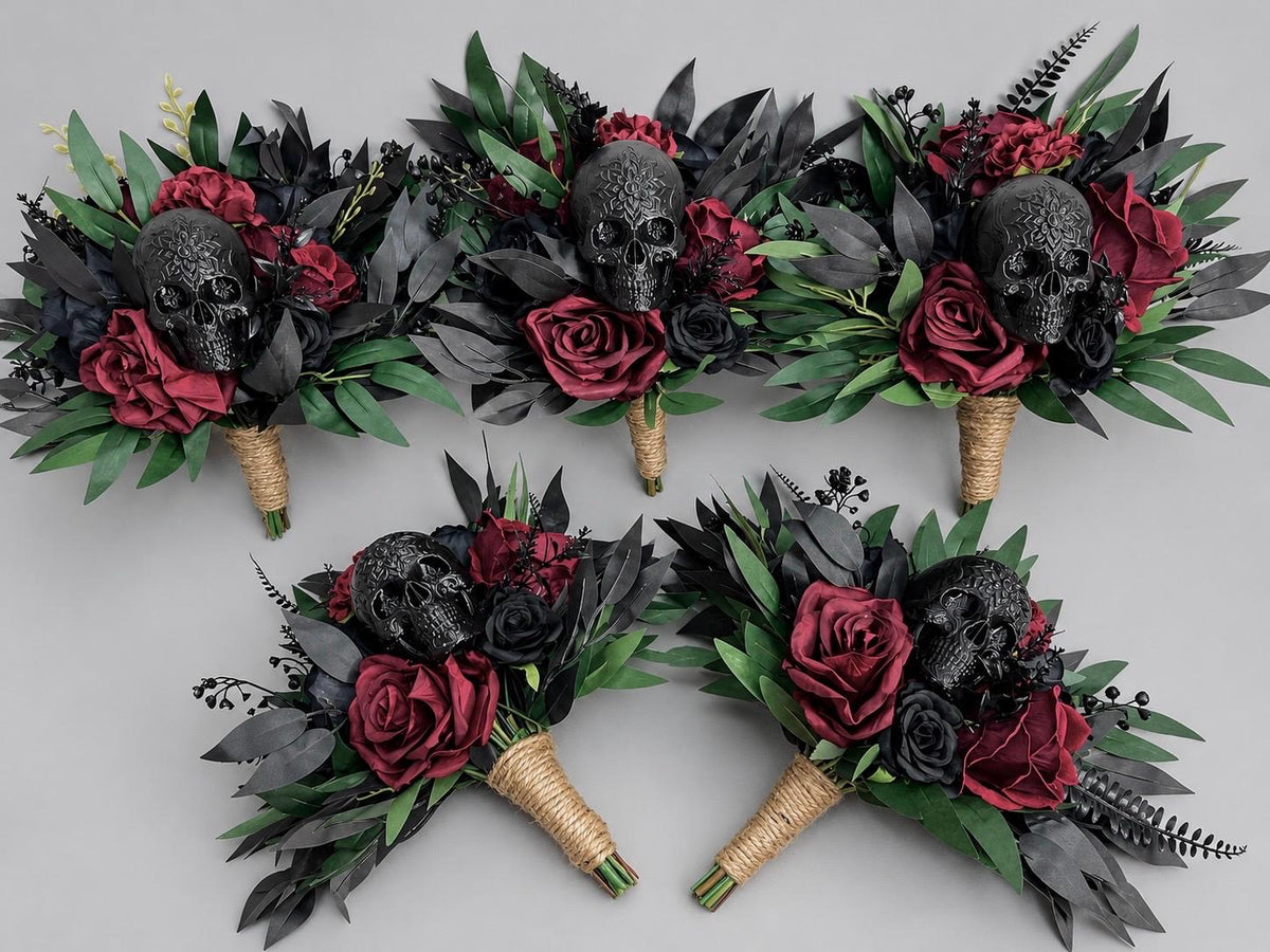 Gothic Skull Wedding Bouquet, Burgundy Black Green Bridal Bouquet, Dark Gothic Black Skull Flowers, Halloween Bride Bouquet Dark Red Black