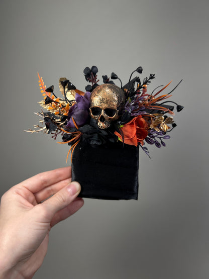 Purple Orange Skull Pocket Boutonnière, Wedding Groom Square Boutonnière, Gothic Black Gold Skull Boutonnière, Groomsmen Halloween Flowers