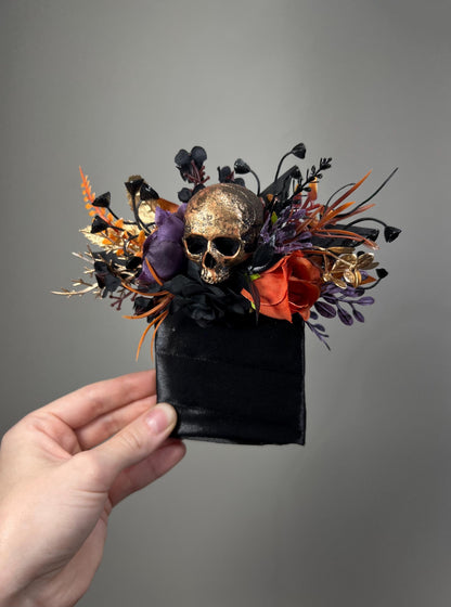 Purple Orange Skull Pocket Boutonnière, Wedding Groom Square Boutonnière, Gothic Black Gold Skull Boutonnière, Groomsmen Halloween Flowers