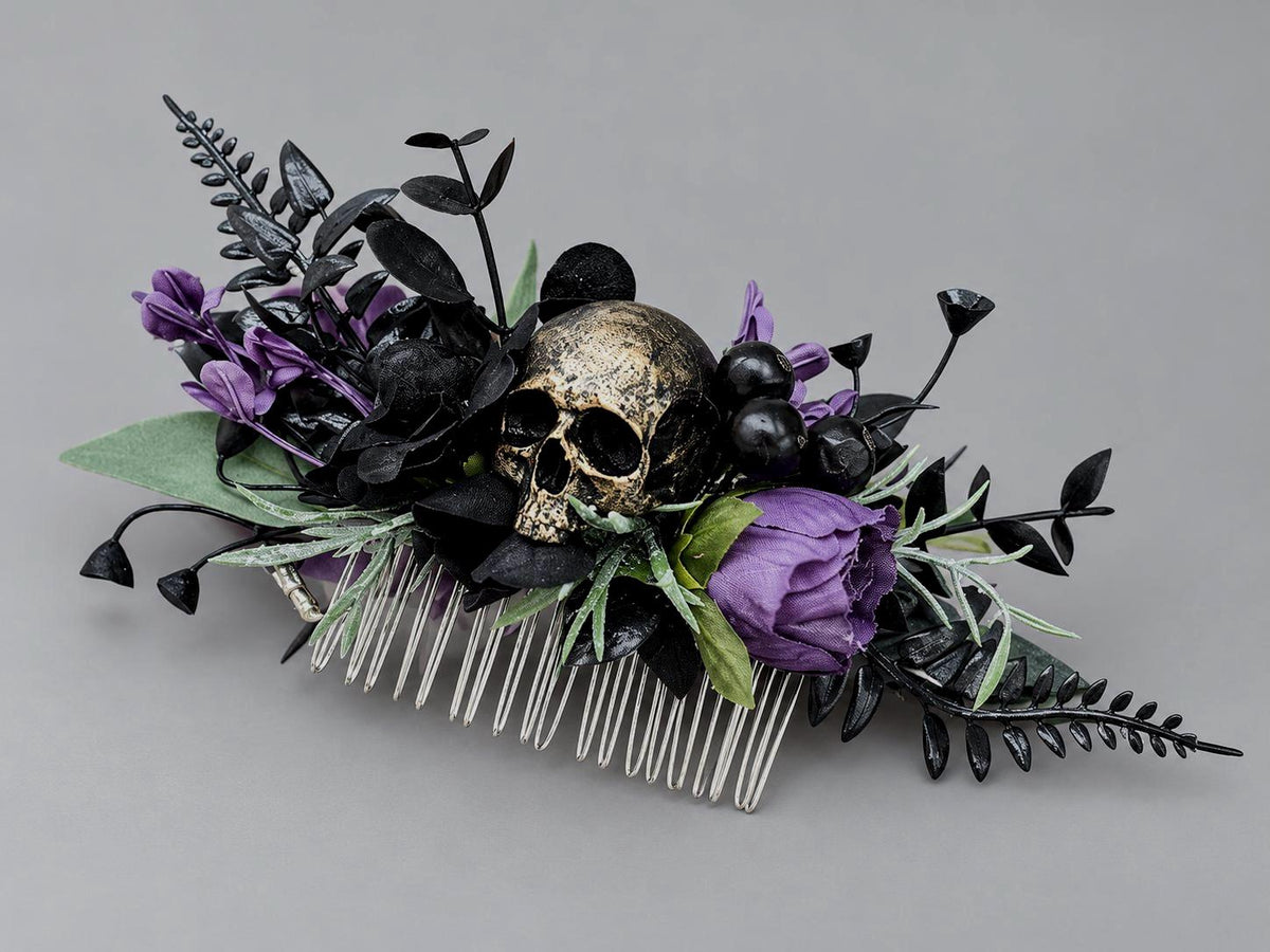 Purple Black Hair Comb, Wedding Gold Skull Hair Accessories, Bridal Gothic Hair Decorative Comb, Dark Purple Plum Black Hair Comb with Skull