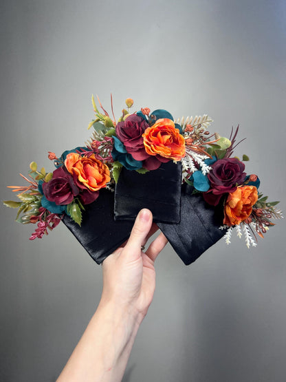 Teal Orange Pocket Boutonniere, Wedding Burnt Orange Burgundy Teal Blue Floral Square Boutonnière , Fall Groom Groomsmen Pocket Flowers